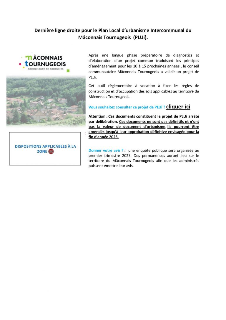 Lire la suite à propos de l’article Plan Local d’urbanisme Intercommunal du Mâconnais Tournugeois (PLUi).